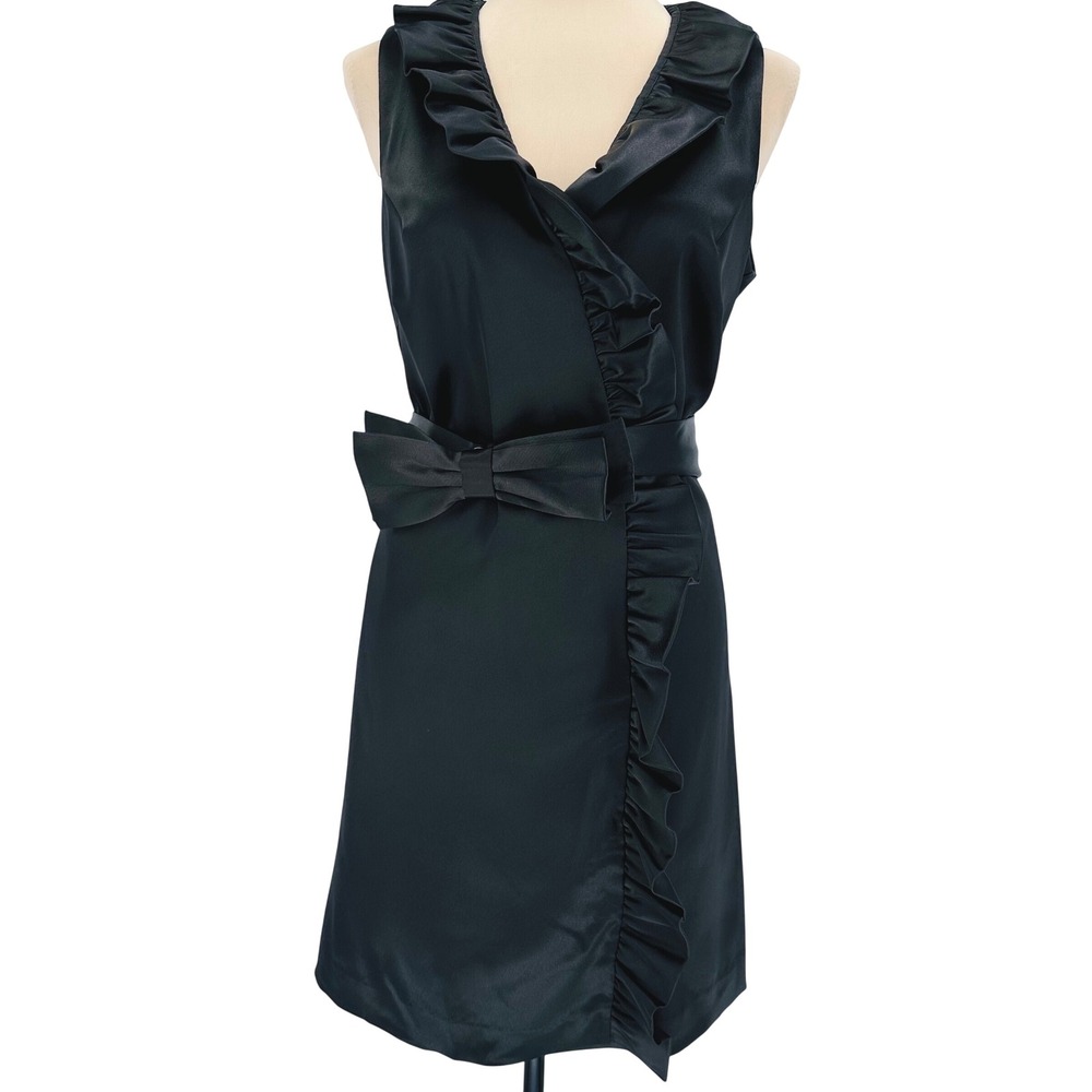 Eliza J New York Black Satin Ruffle Wrap Bow Cocktail‎ Dress Sleeveless Mini